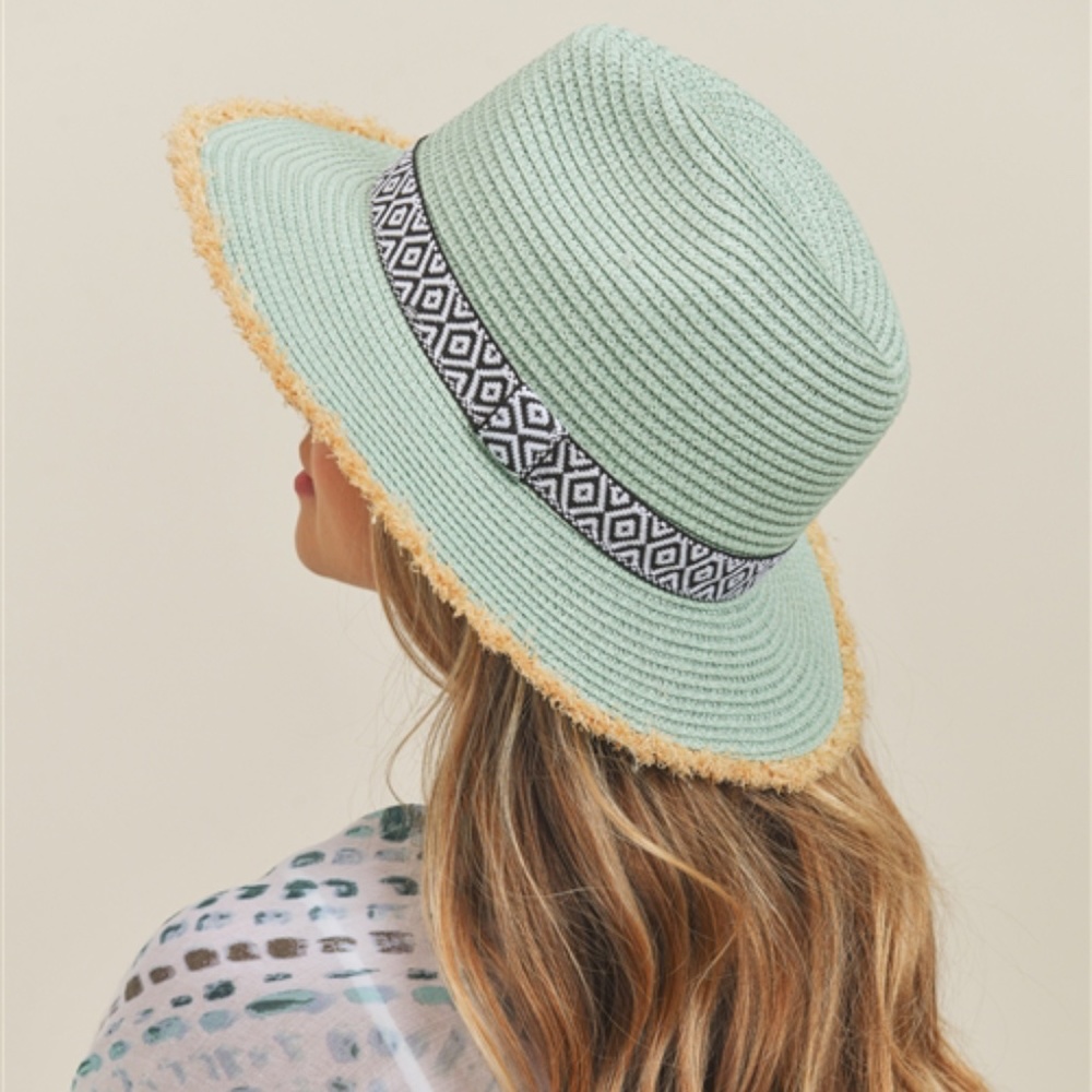 #86 FRAYED TRIM AZTEC STRAW HAT